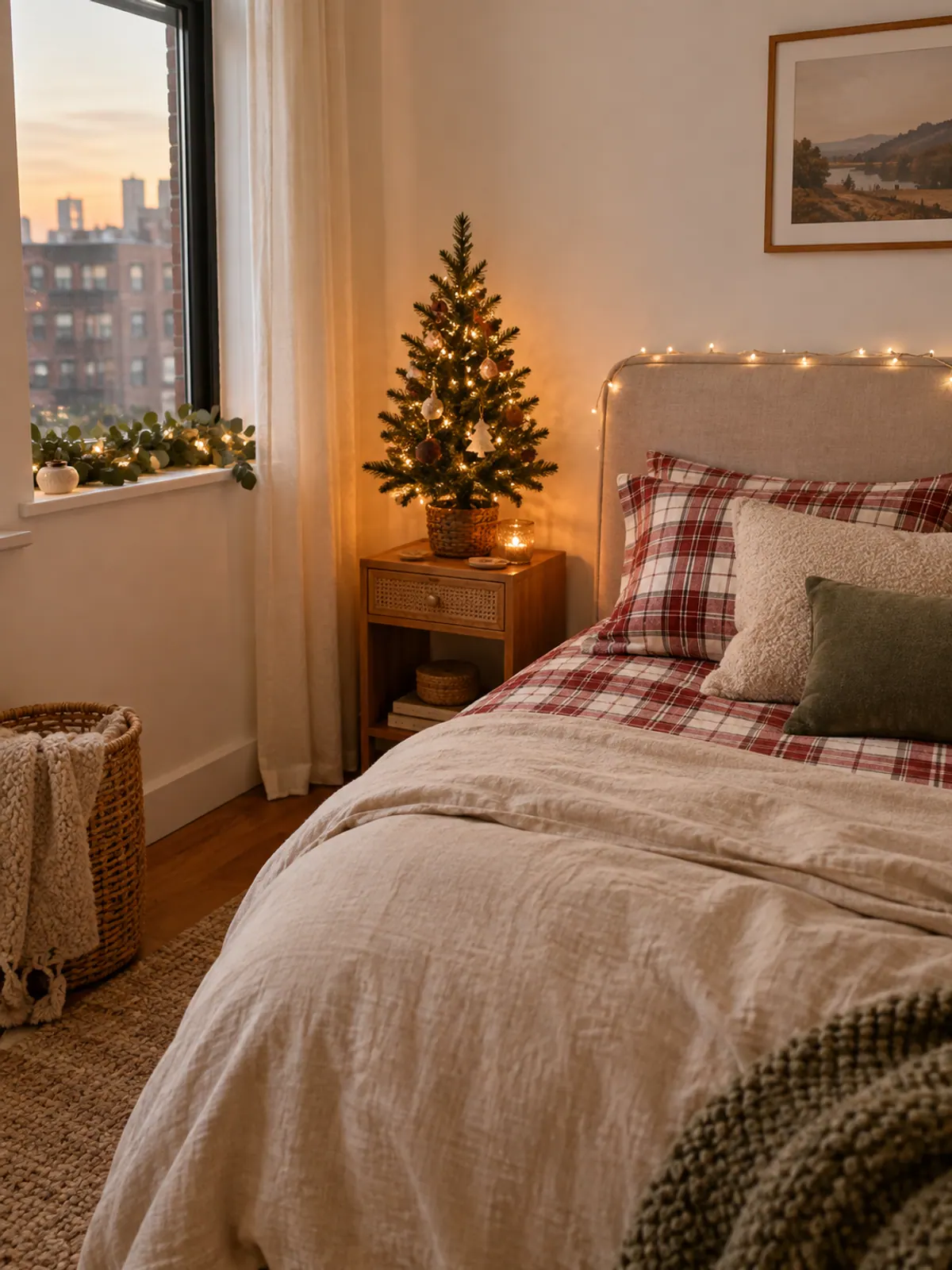 Small bedroom with a lit tabletop Christmas tree on the nightstand, plaid flannel sheets under a linen duvet and fairy lights on the headboard
