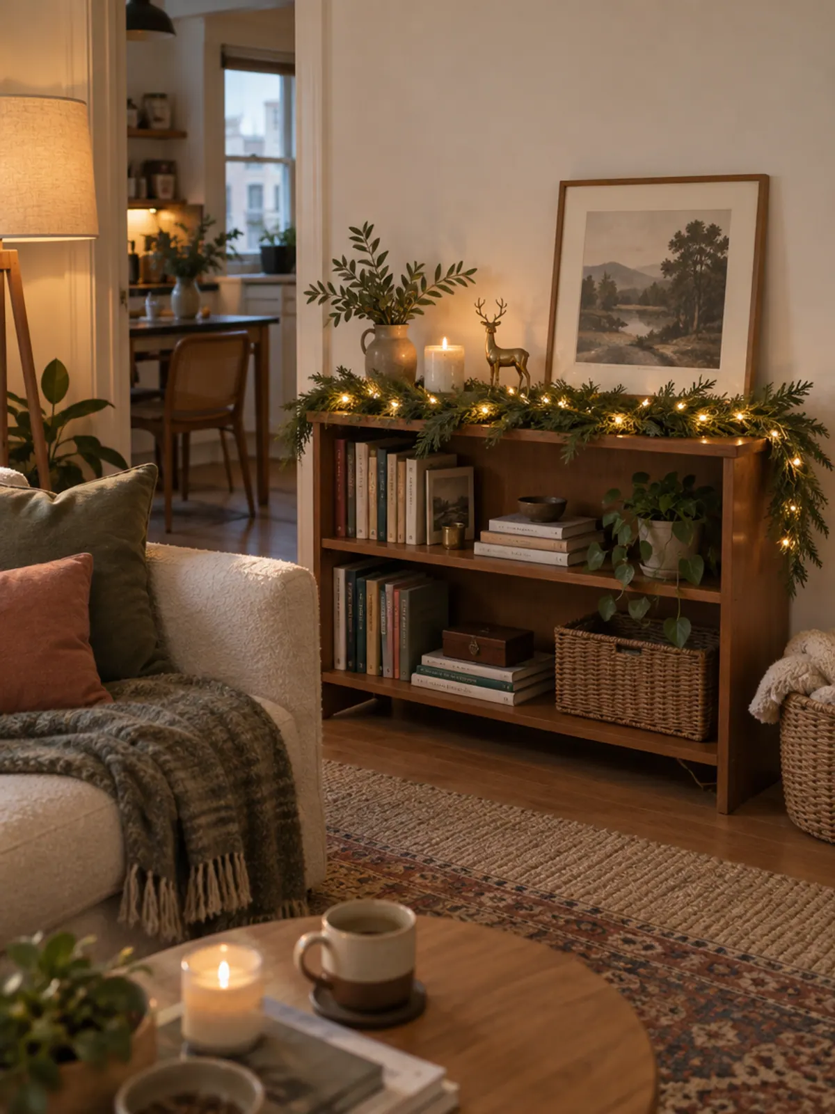 Faux cedar garland and warm fairy lights draped along the top of a low wooden bookshelf with books, a brass reindeer and a ceramic candle