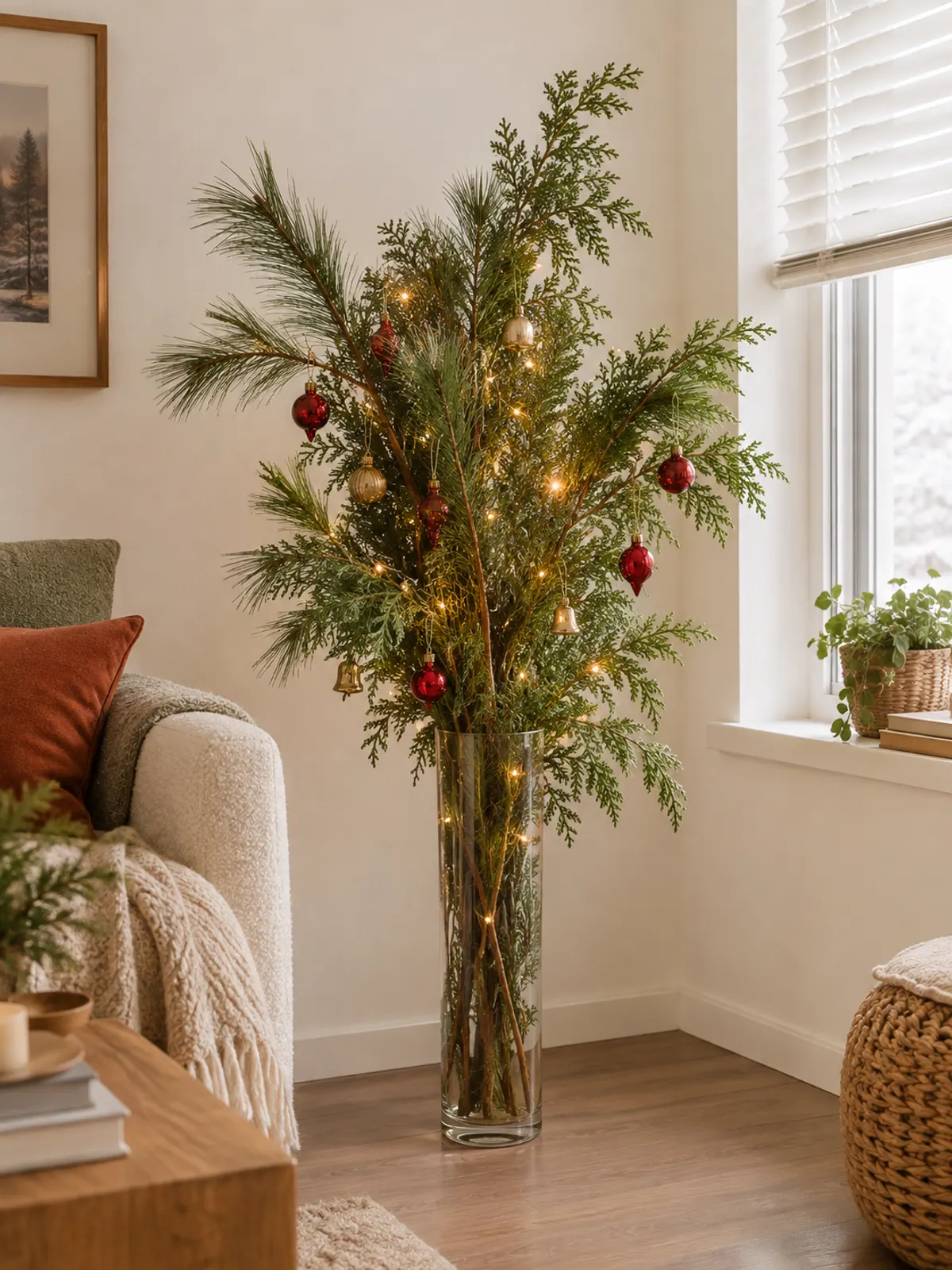 Tall clear glass vase of faux pine and cedar branches hung with small red and brass ornaments and tiny fairy lights beside an apartment window