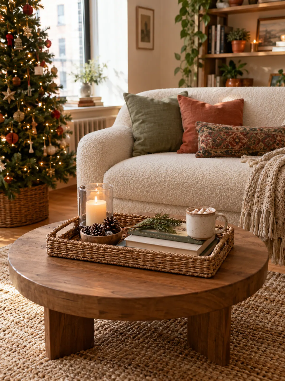 Round wooden coffee table with a woven tray holding a flameless candle in a hurricane glass, a bowl of pinecones and books topped with cedar