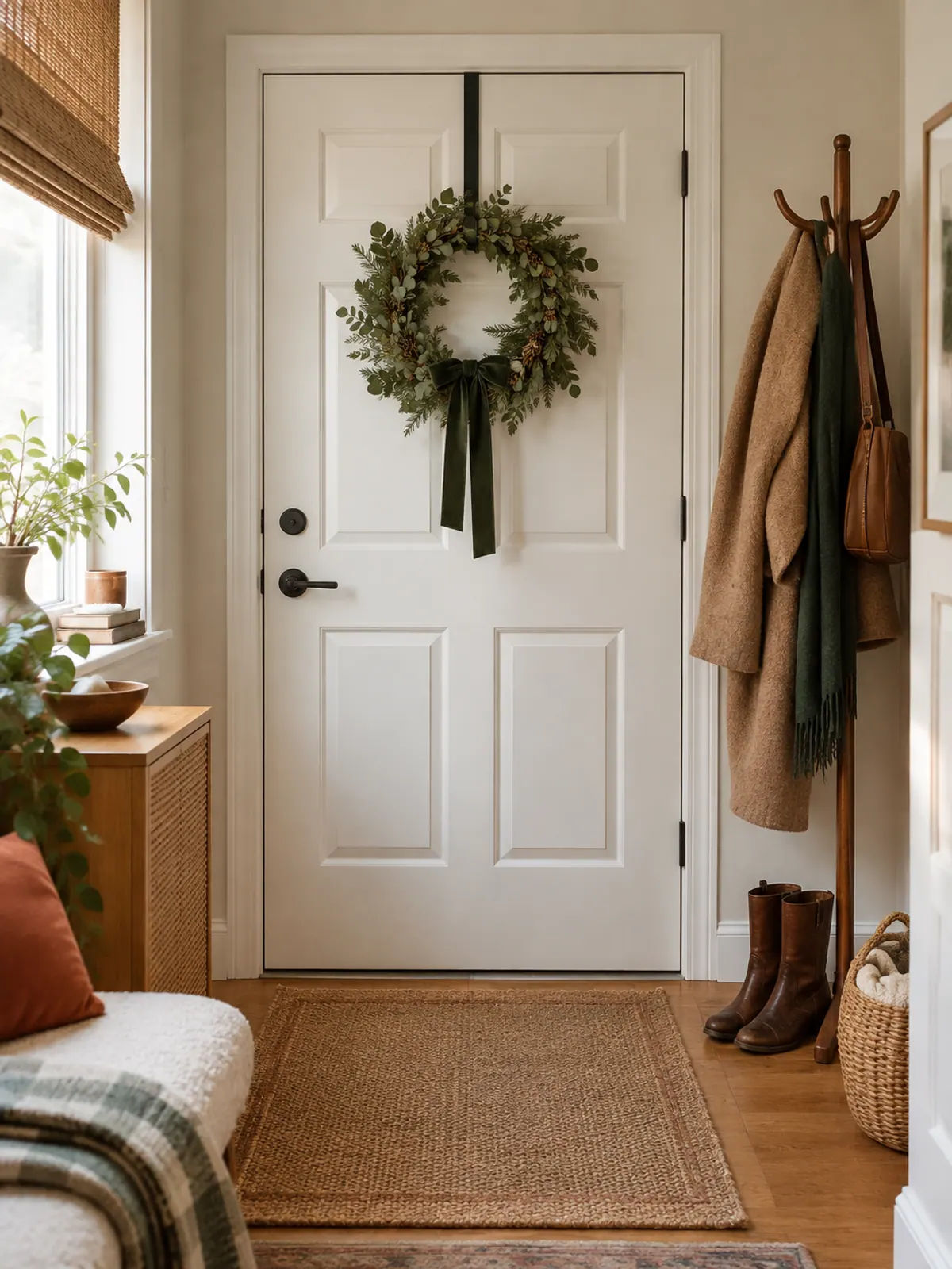 Eucalyptus and pine wreath with a green velvet ribbon hanging from a black over-the-door wreath hanger on a white apartment door