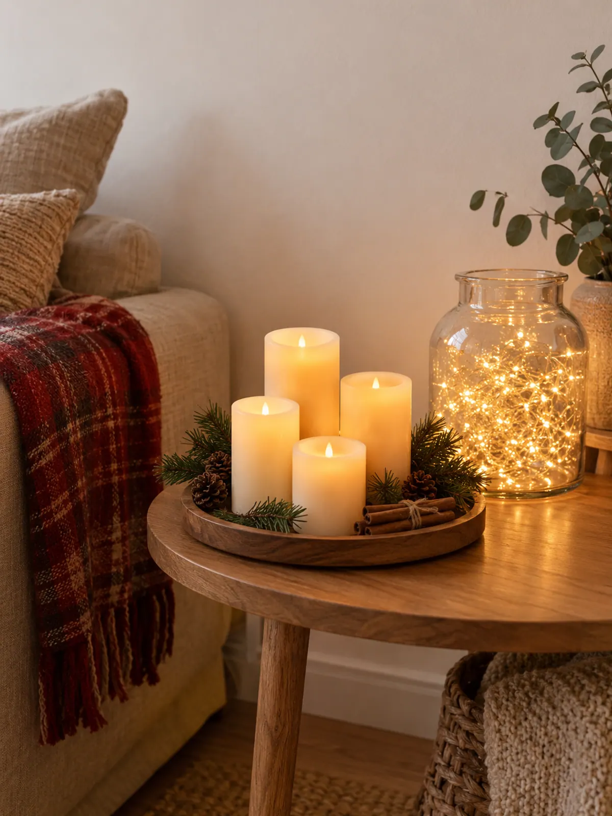 Cream flameless pillar candles of different heights on a wooden tray with pine sprigs beside a glass jar of warm fairy lights