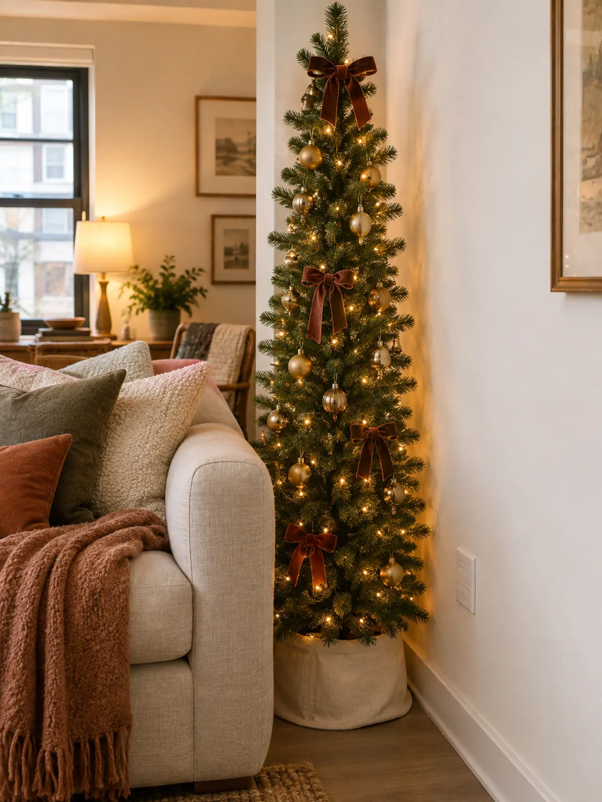 Slim pencil Christmas tree with warm white lights and velvet bows in the narrow gap between a sofa arm and a white apartment wall