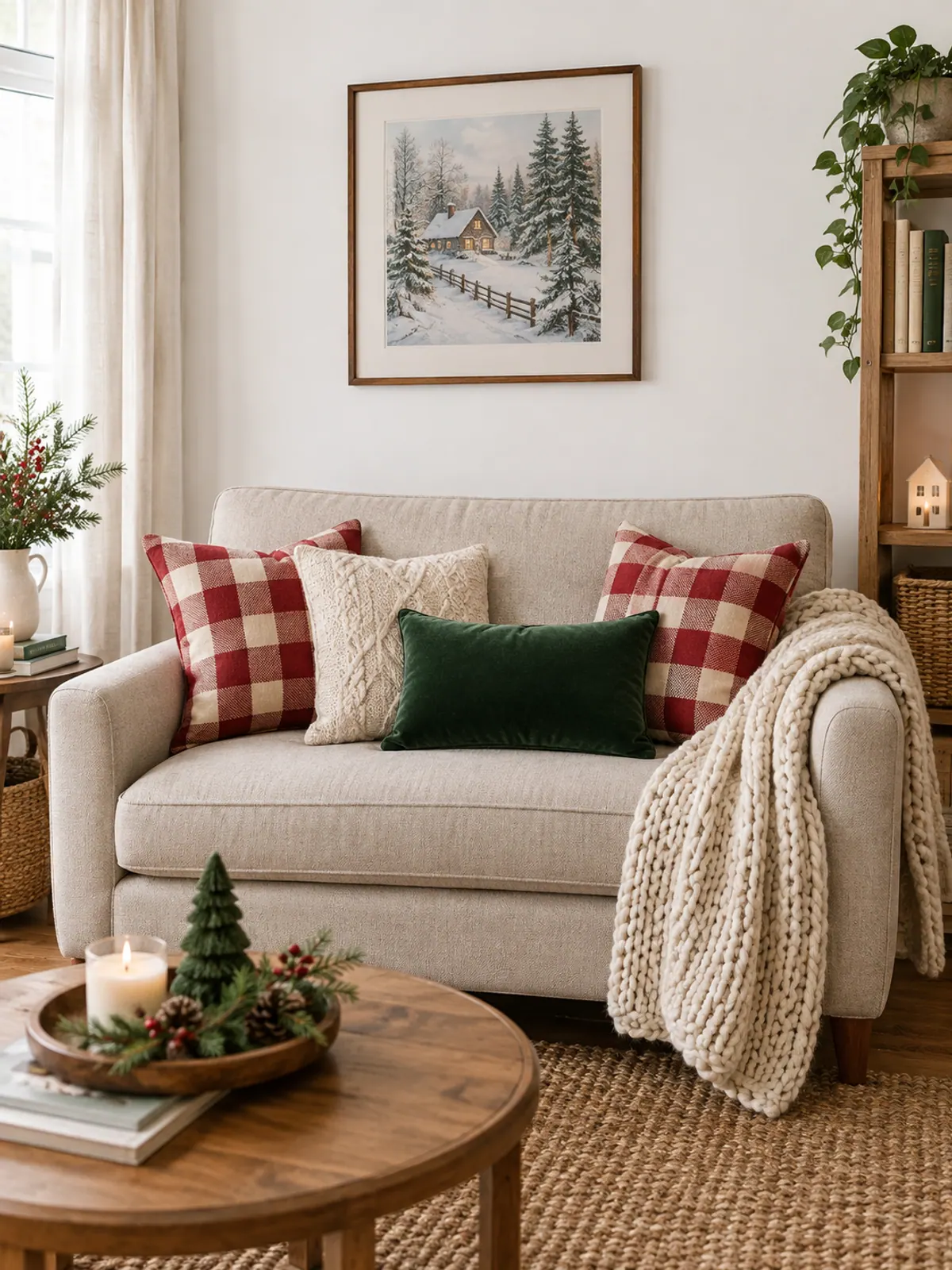 Oatmeal linen loveseat with red and cream buffalo check pillow covers, a cable-knit cover, a green velvet pillow and an ivory throw
