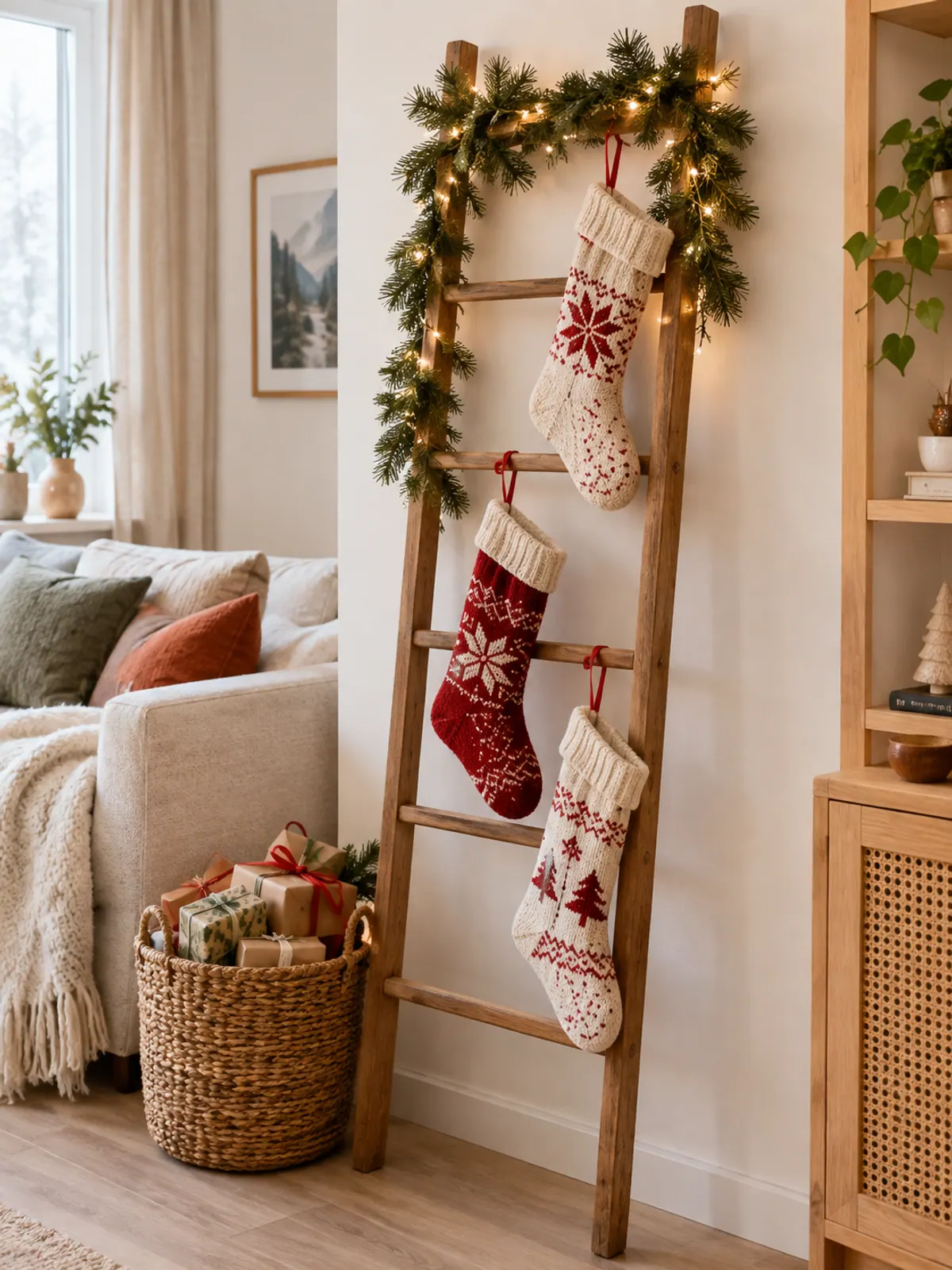 Wooden blanket ladder leaning on a white wall with three knit Christmas stockings tied to the rungs and lit garland wound around the top