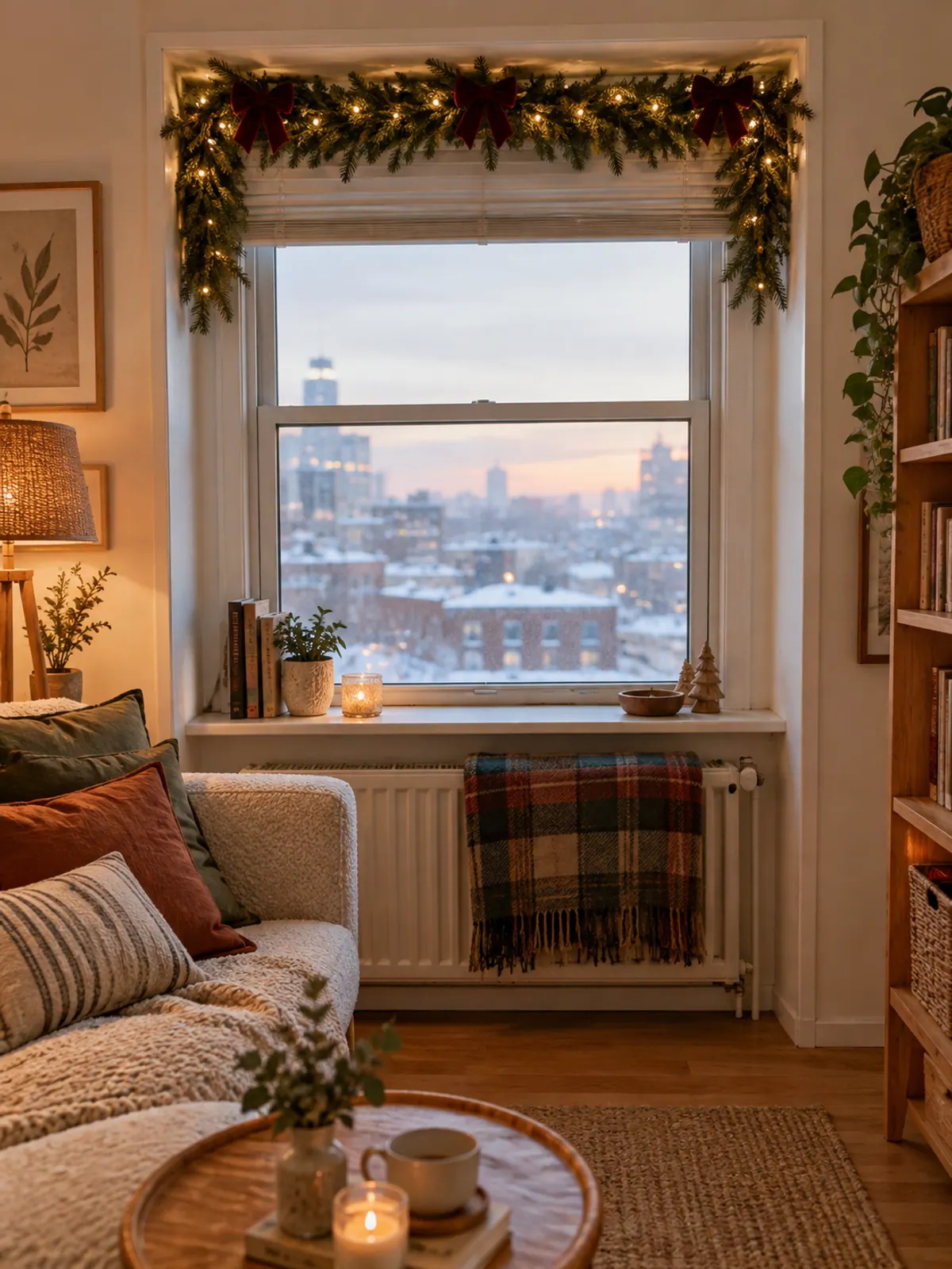 Full faux pine garland with warm lights and red velvet bows running across the top of a small apartment window and trailing down both sides