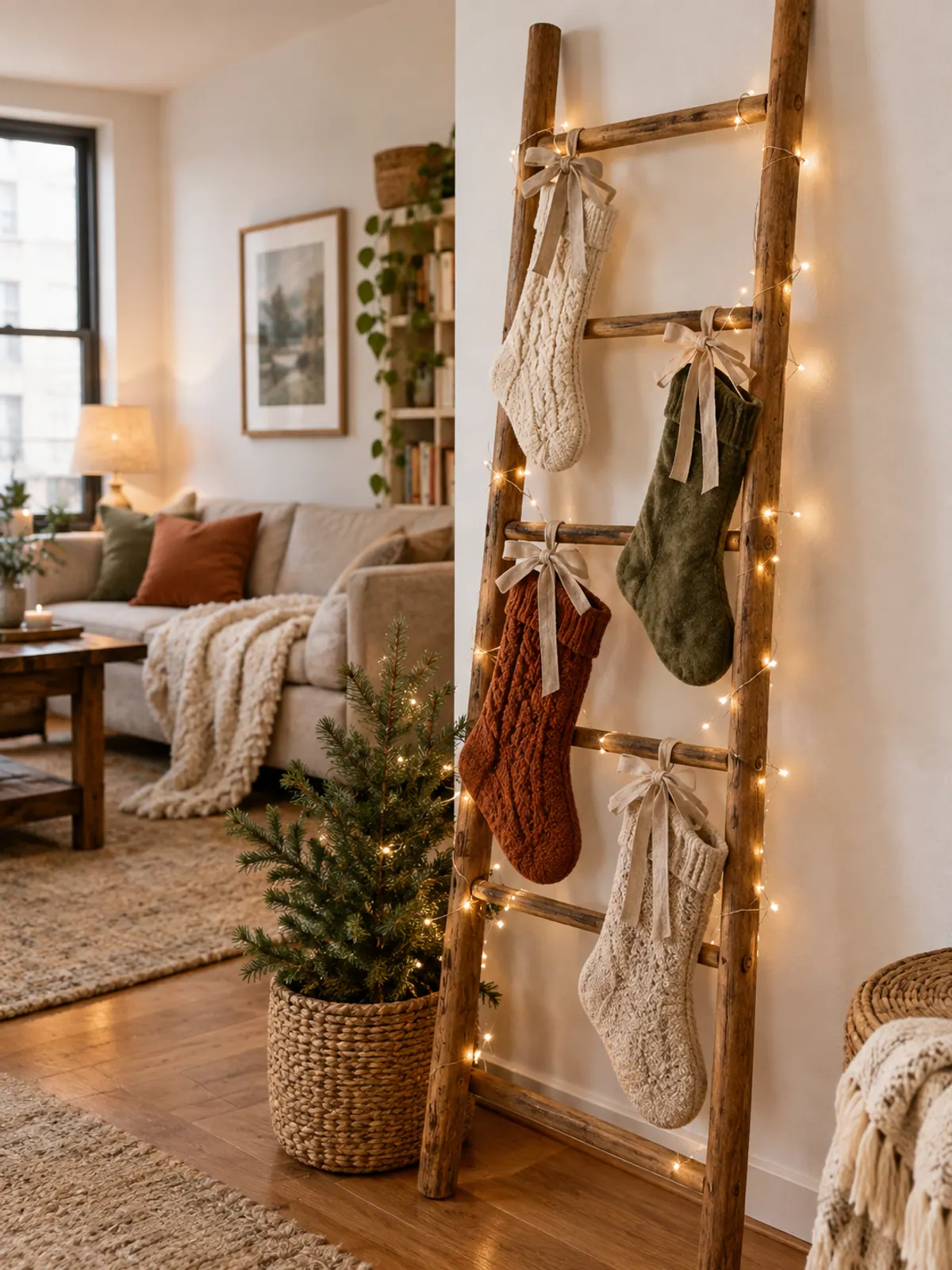 Wooden blanket ladder leaning on a white wall with knit and velvet stockings tied on with linen ribbon and warm fairy lights