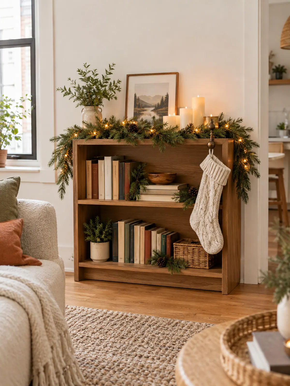 Low two-shelf wooden bookcase used as a Christmas mantle with lit pine garland, a leaning print, cream candles and a knit stocking