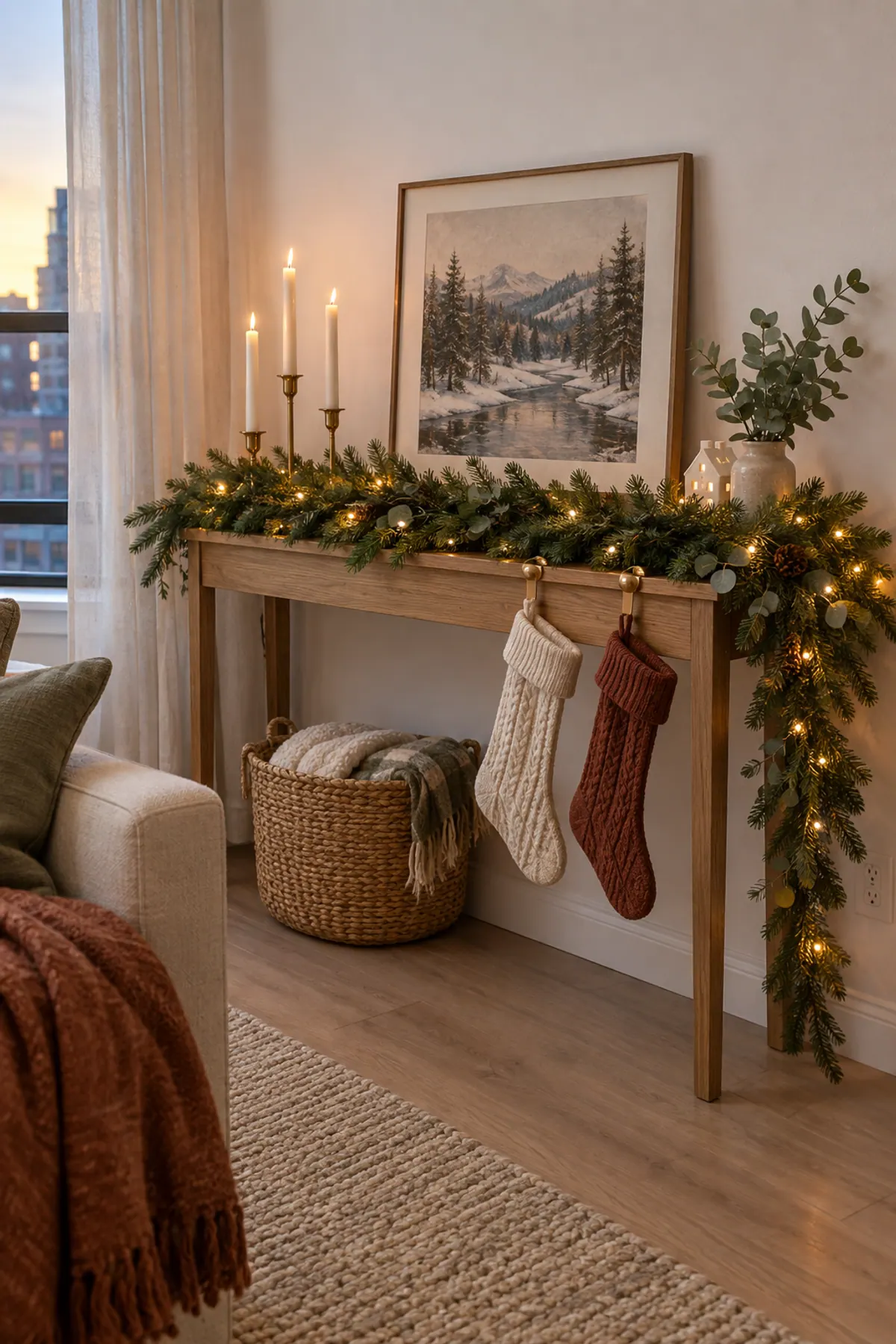Christmas mantle without a fireplace: a narrow oak console with lit pine garland, brass taper candlesticks, a leaning winter print and two knit stockings on brass hooks