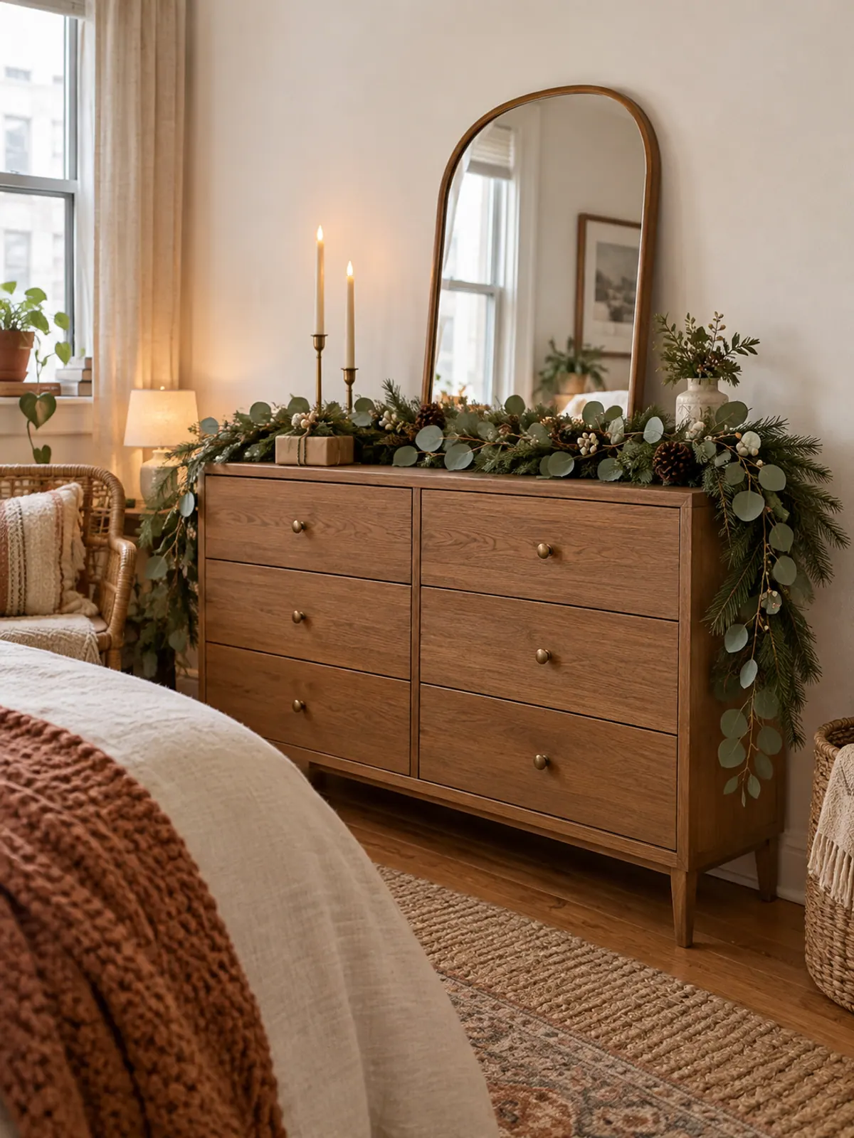 Low wooden dresser styled as a Christmas mantle with eucalyptus and pine garland, an arched mirror and brass candlesticks