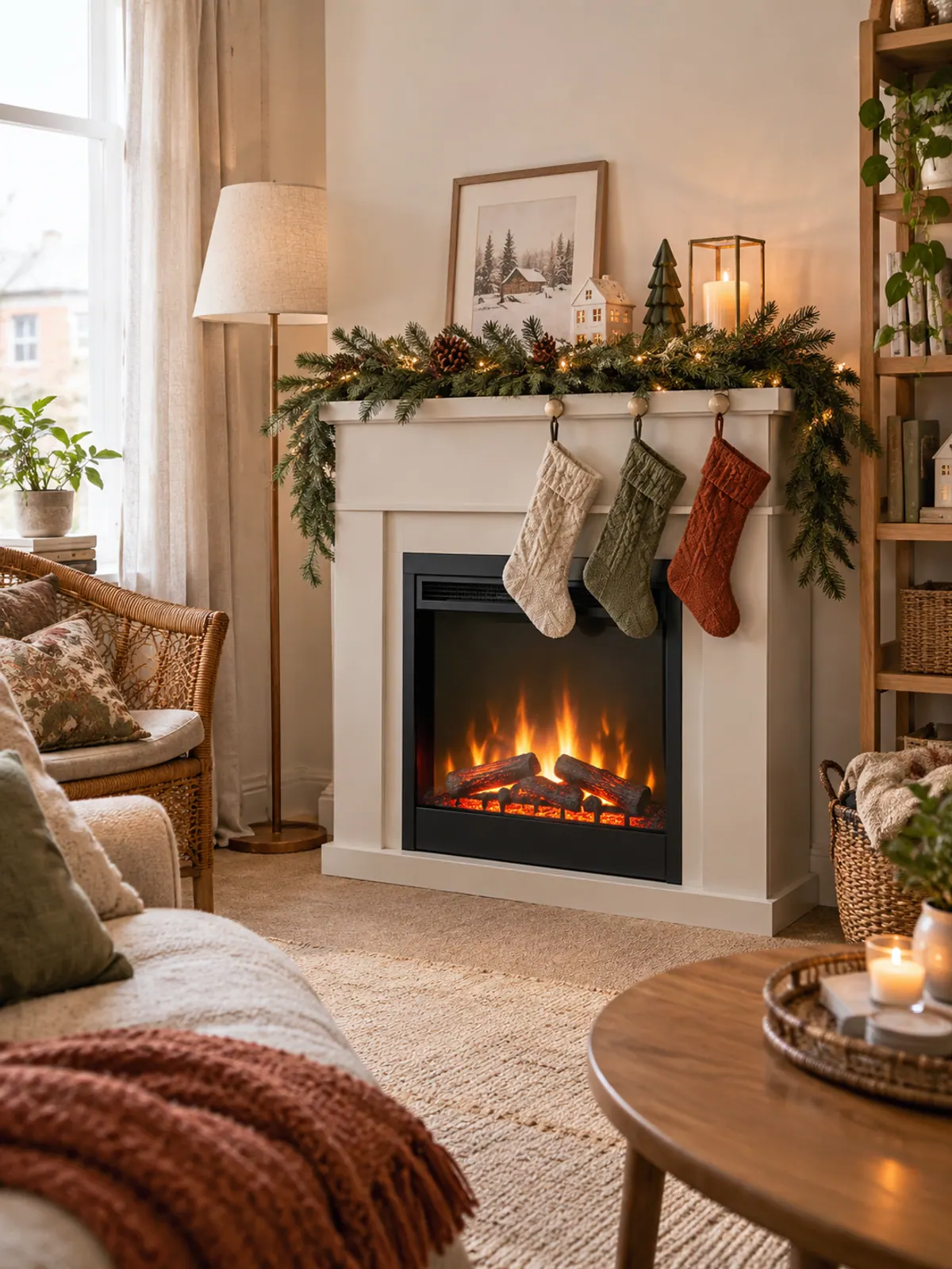 Compact electric fireplace with a white surround decorated with pinecone garland and cream, sage and rust stockings on weighted holders
