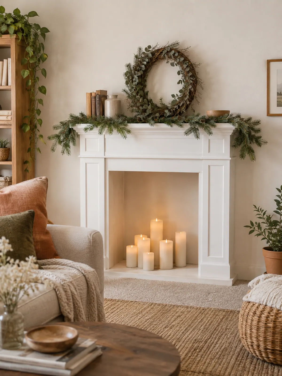 Freestanding white faux fireplace mantel against an apartment wall with flameless pillar candles in the empty firebox and garland on top