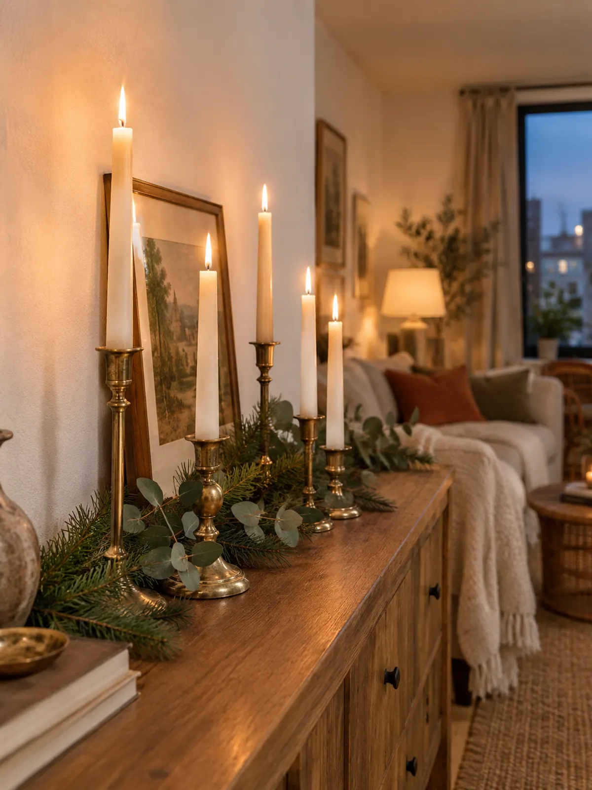 Five cream flameless taper candles of varied heights in mismatched brass candlesticks with pine and eucalyptus along a wooden console