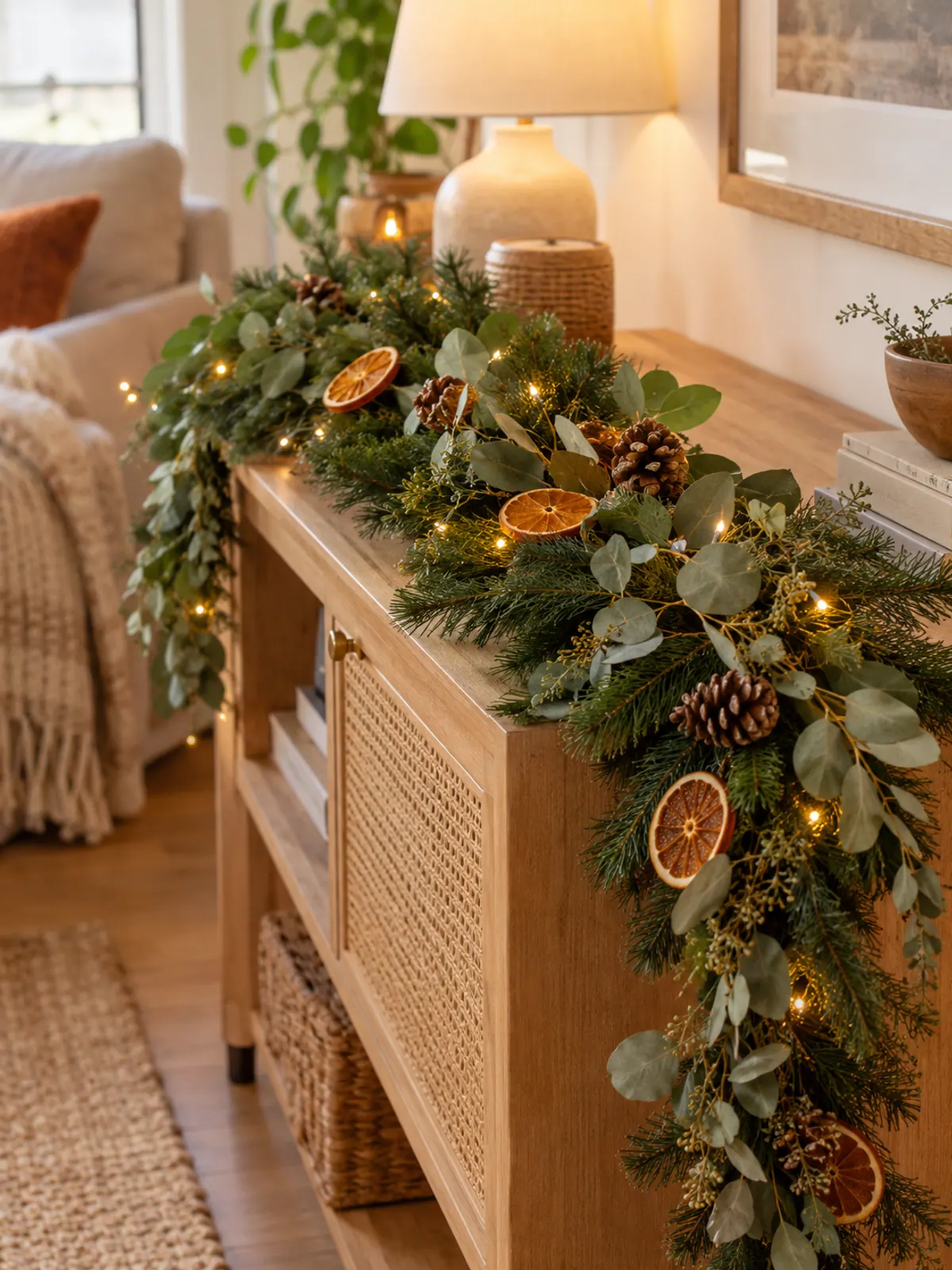 Faux pine garland layered with eucalyptus, dried orange slices and pinecones on a console with one end draping off the edge