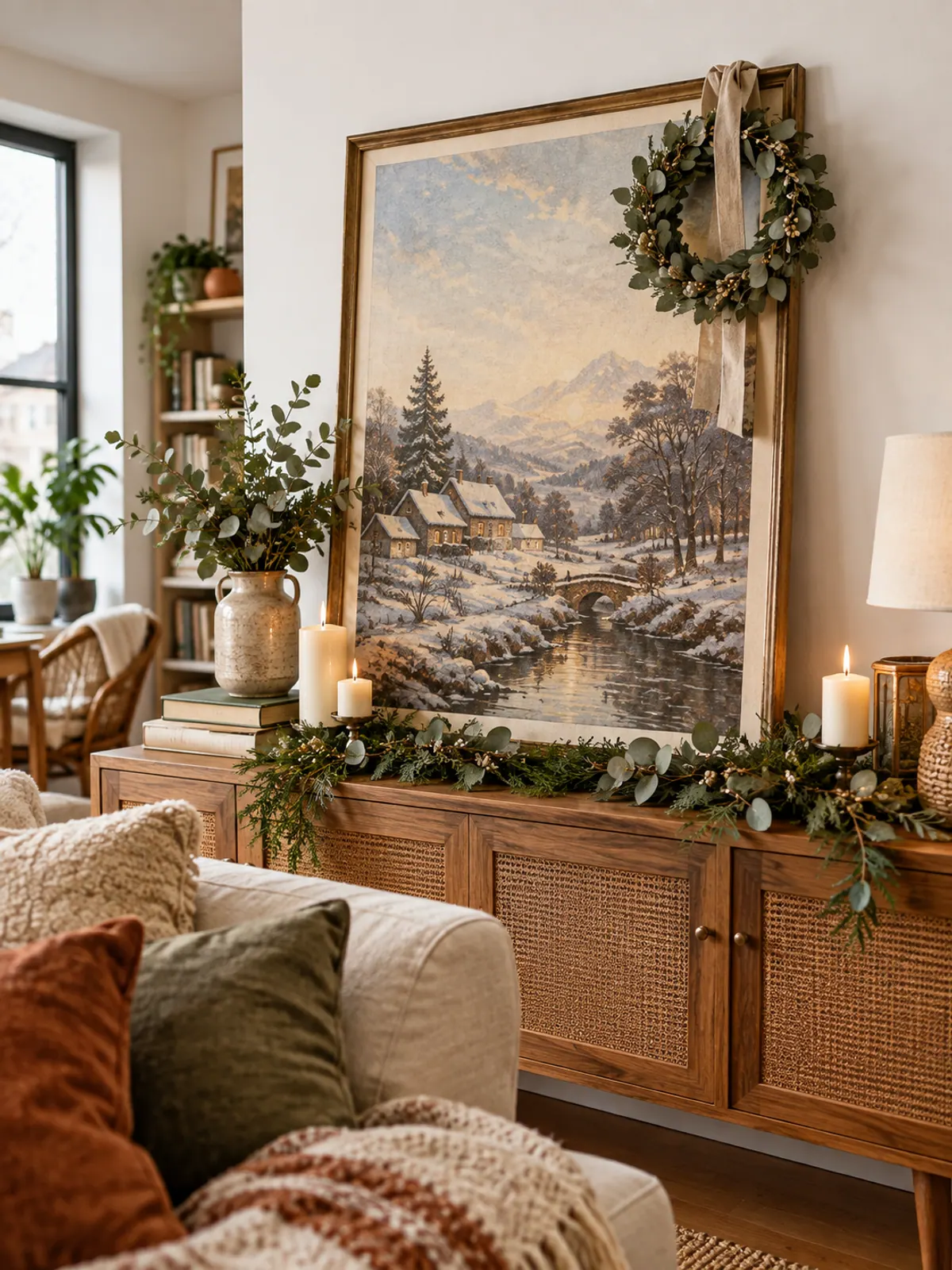 Large framed winter landscape print leaning on a white wall on a console with a small eucalyptus wreath hung on its corner by ribbon