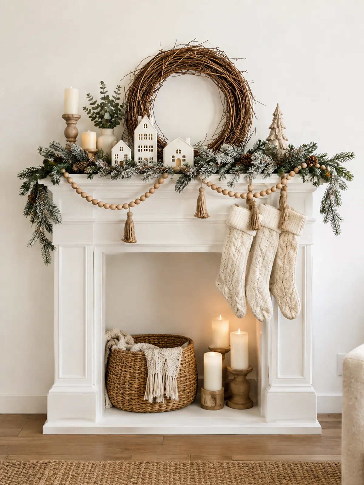 Neutral Christmas mantle on a white faux mantel with frosted pine garland, white ceramic houses, cream knit stockings and a grapevine wreath