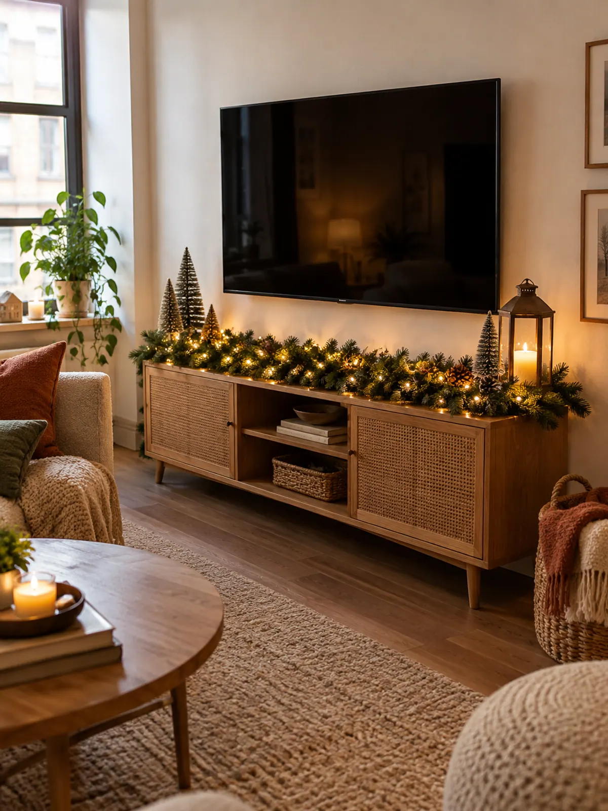 Low wooden media console under a mounted TV with lit garland along its front edge, bottle-brush trees and a lantern