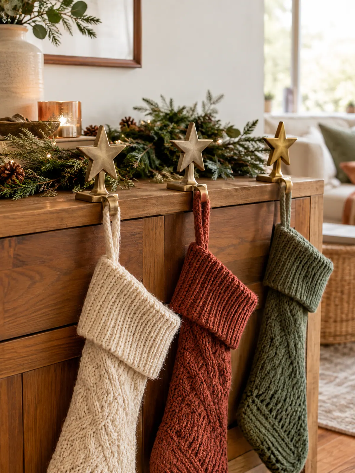 Three brass star weighted stocking holders on a wooden console holding cream, rust and sage knit stockings