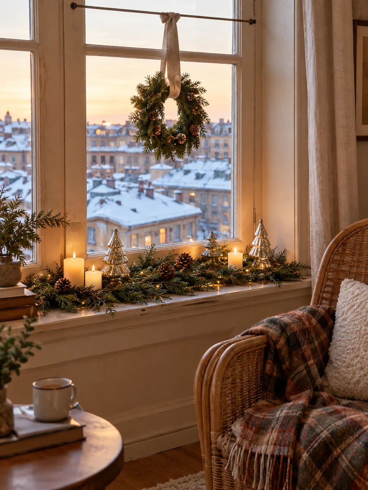 Apartment windowsill with cedar garland, small LED candles and mercury-glass trees and a wreath hung on ribbon in the window