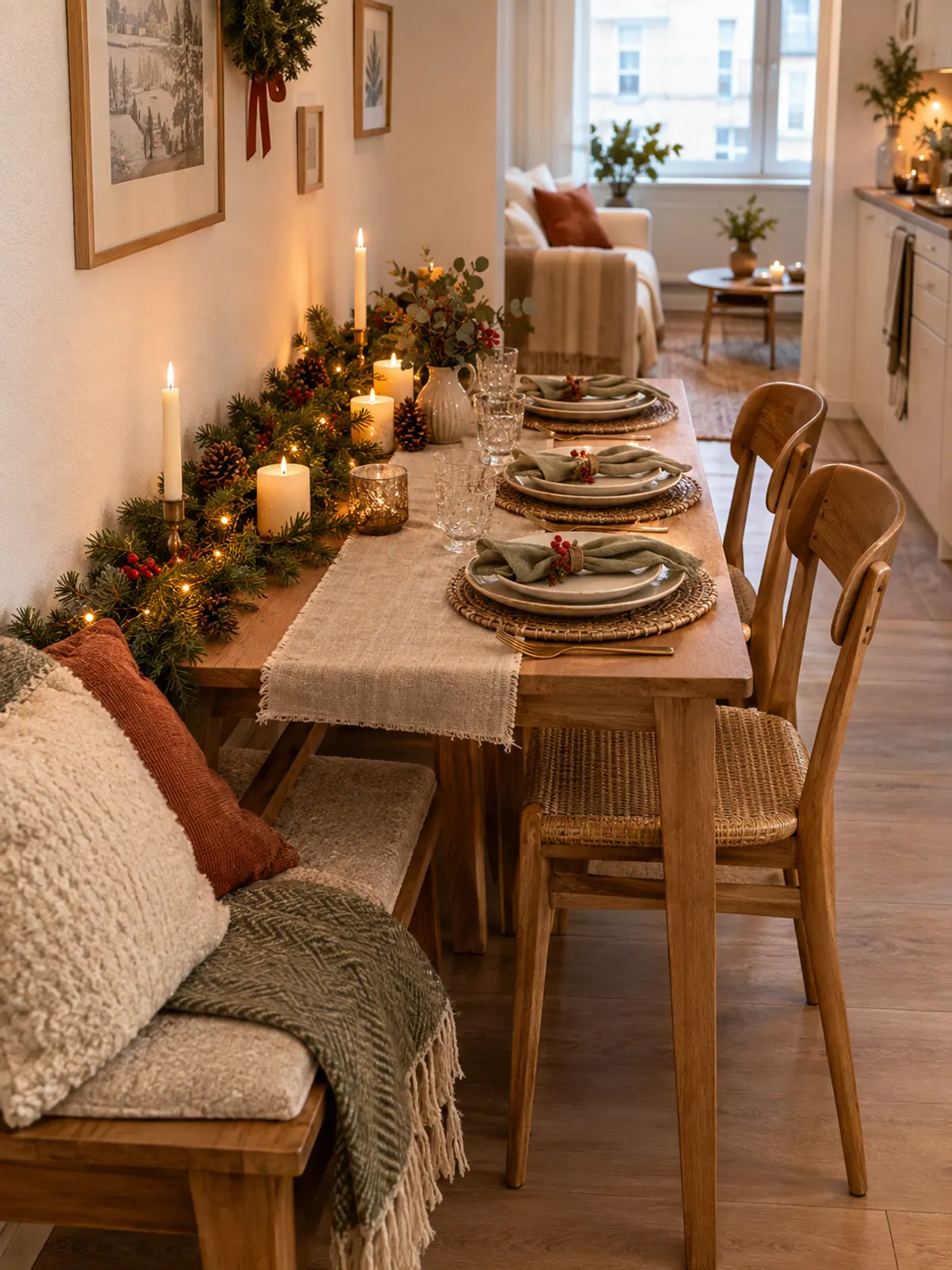 Small dining table against a white wall with a cushioned bench and wooden chairs, garland and candles along the wall side