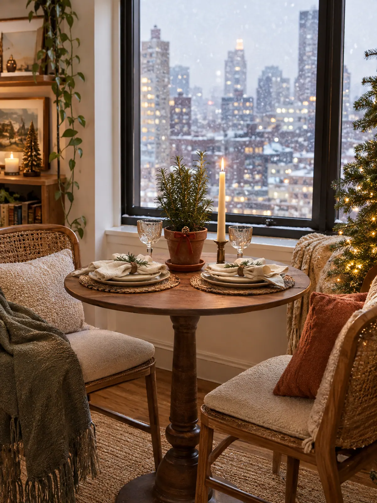 Small round bistro table for two by a snowy city window with a tiny potted pine, a taper candle and two place settings