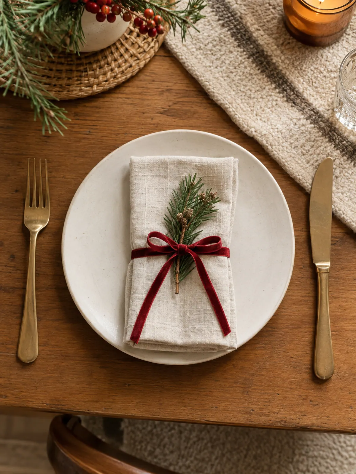 Overhead view of a white plate with a linen napkin tied with red velvet ribbon and a pine sprig beside brass cutlery