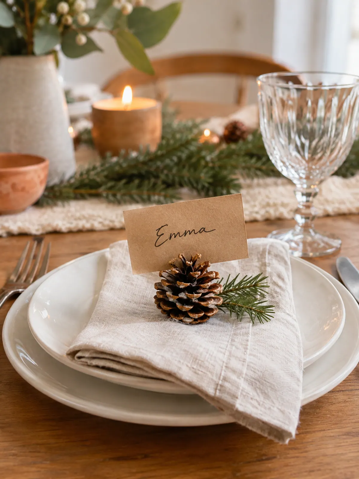 Handwritten kraft paper place card in a pinecone holder on a white plate with a linen napkin and a pine sprig