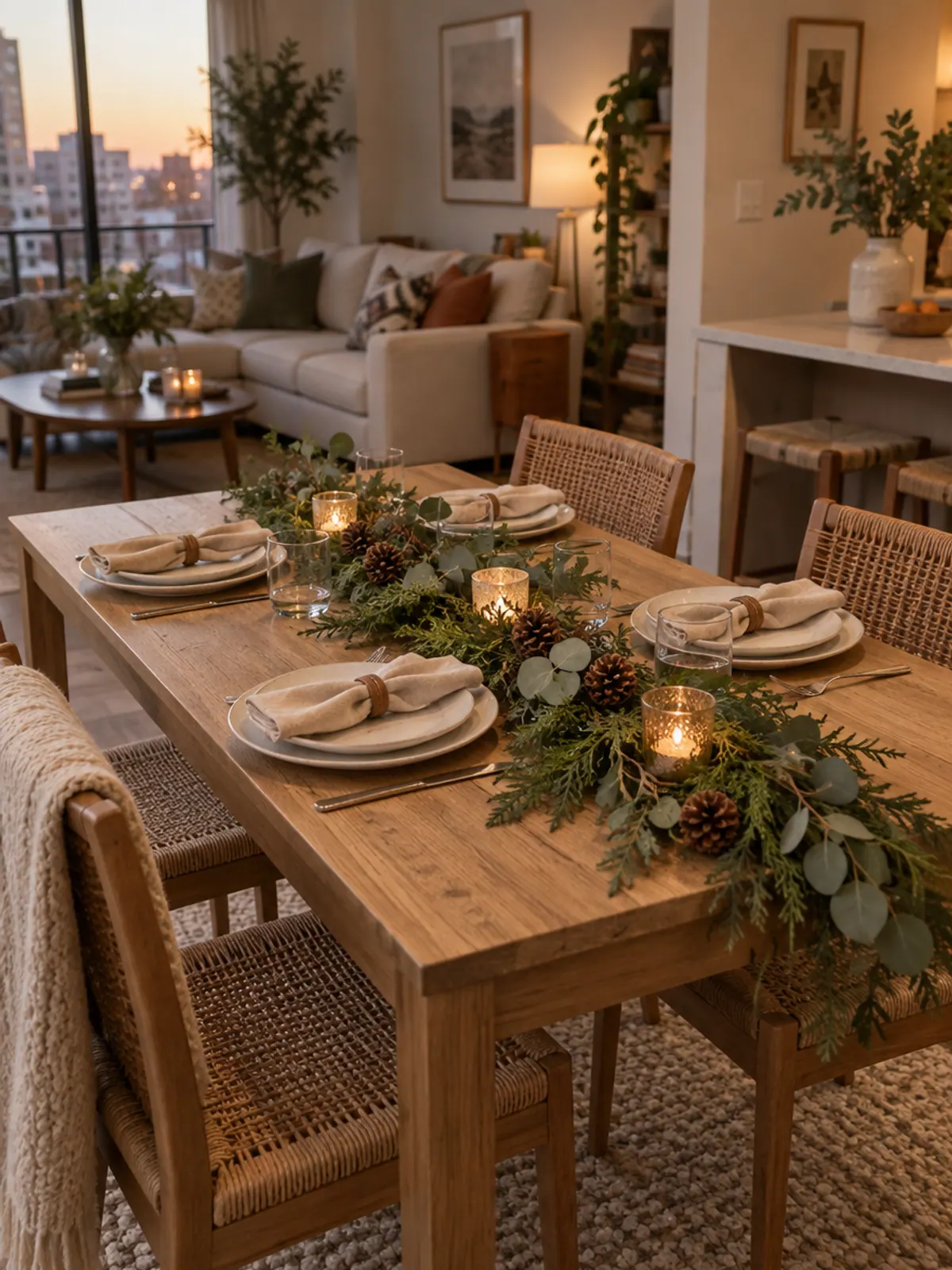 Loose faux cedar and eucalyptus runner with pinecones and votives down the center of a narrow wooden dining table set for four