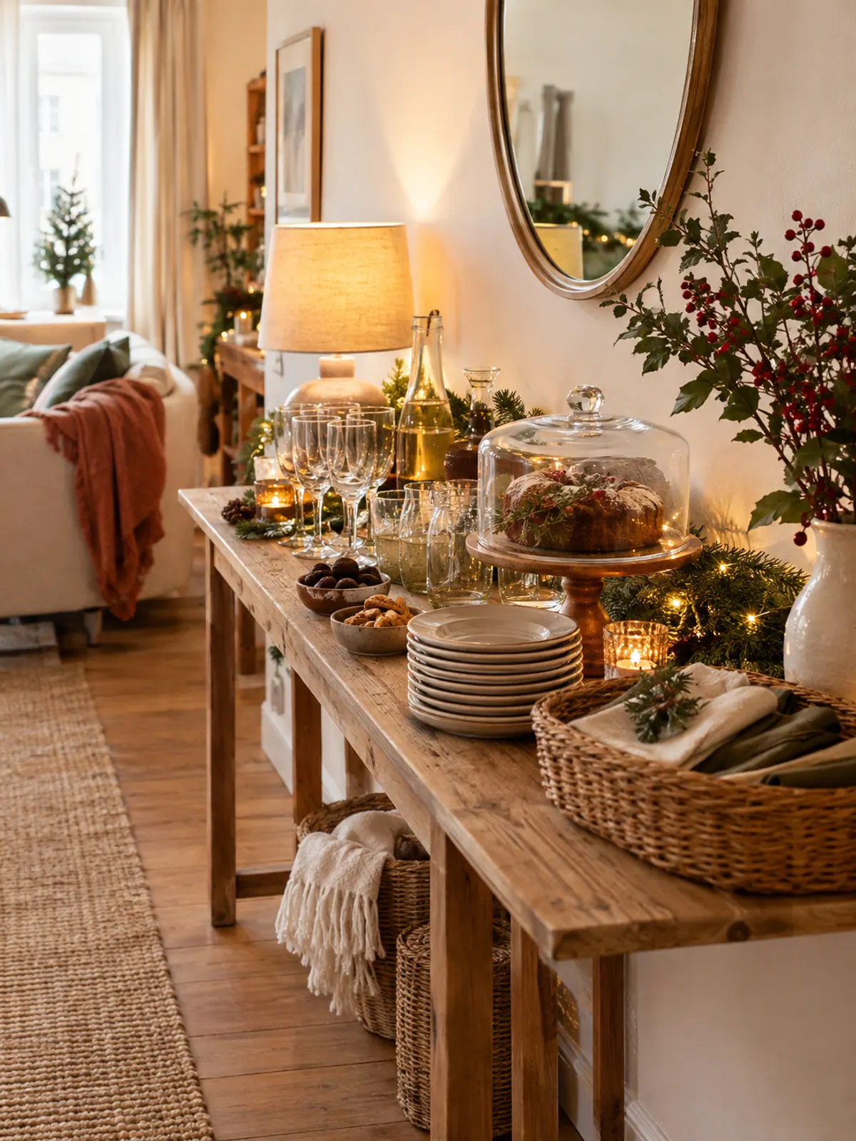 Narrow console against a white apartment wall set up as a Christmas buffet with plates, glasses, a covered cake stand and garland