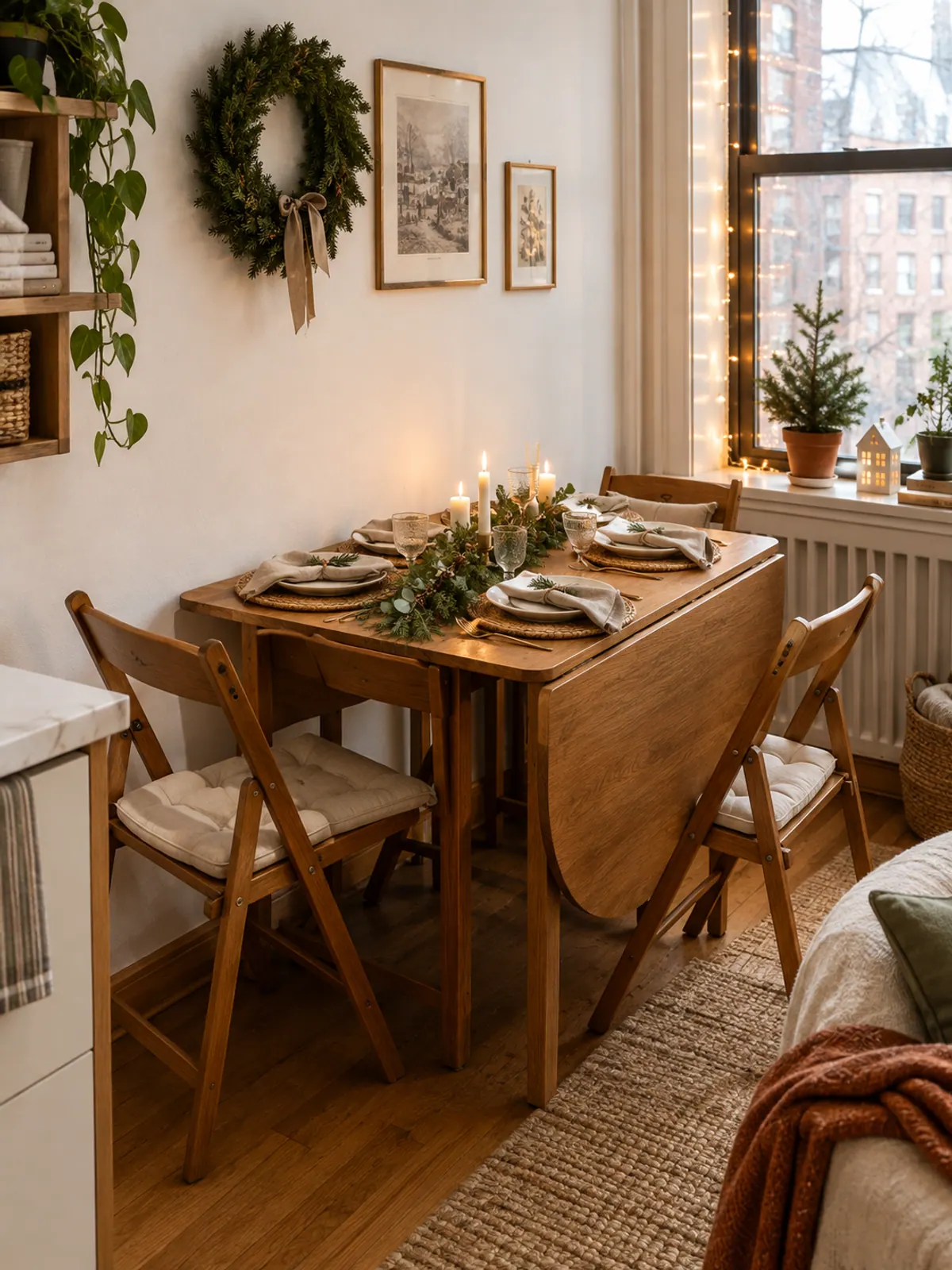 Wooden drop-leaf table by a white apartment wall set for Christmas with greenery and candles, wooden folding chairs and a wreath on the wall