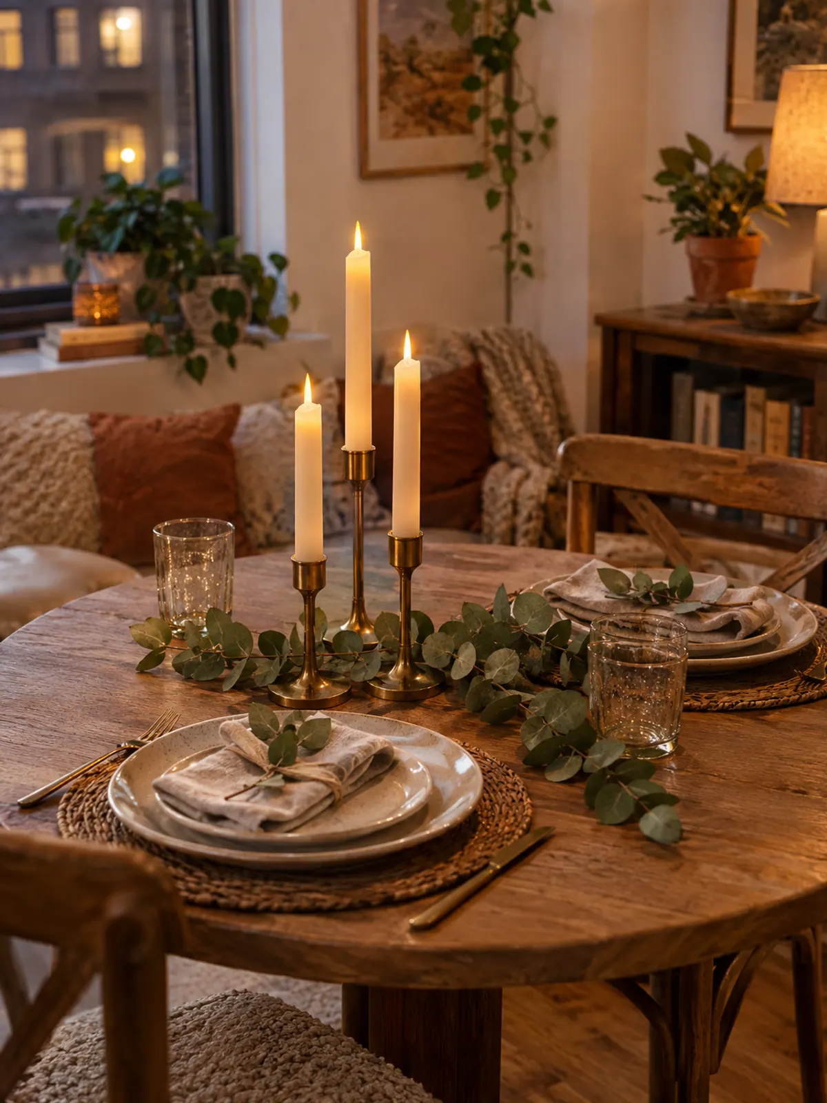Three cream taper candles in brass holders of different heights with eucalyptus on a small round dining table at night