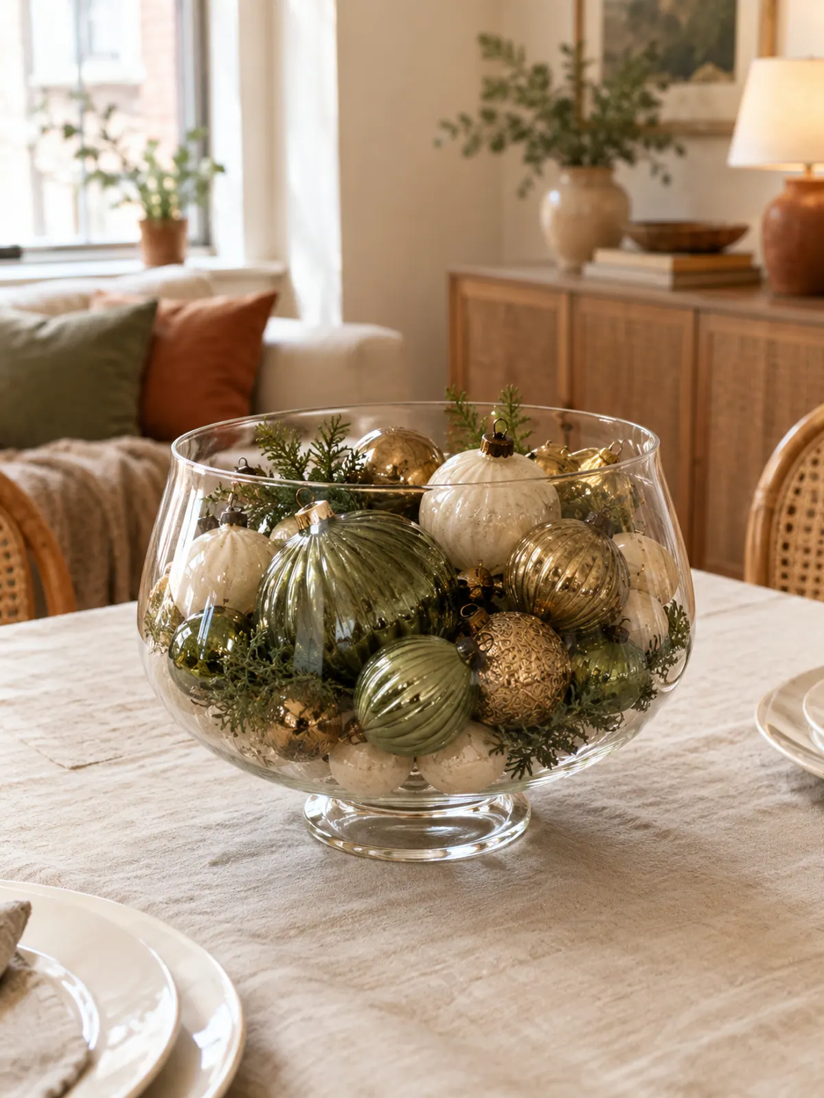 Wide glass bowl of sage, cream and gold ornaments with pine sprigs as a centerpiece on a small linen-covered dining table