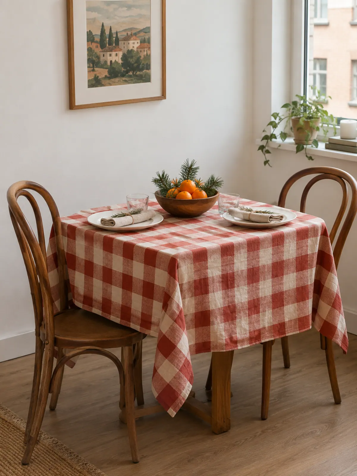Small square dining table with a red and cream checked tablecloth, a wooden bowl of clementines and pine, two place settings and bentwood chairs