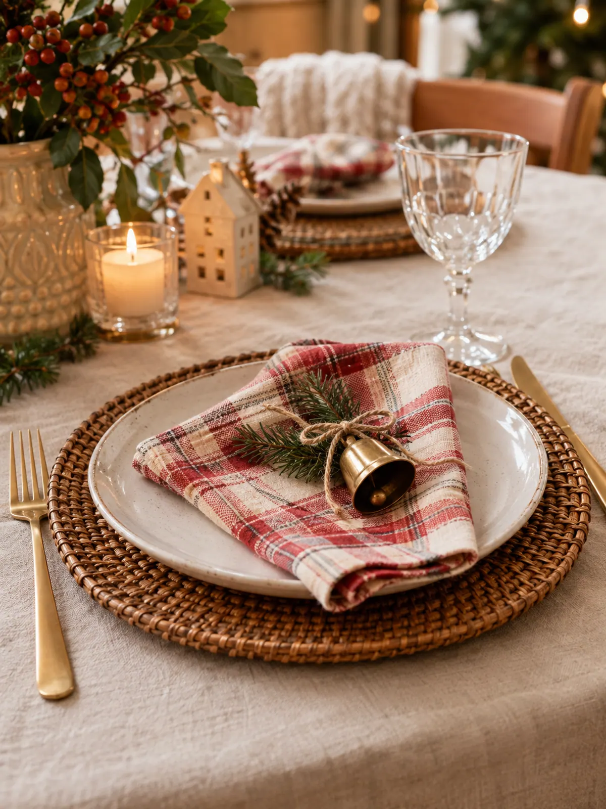 Woven rattan charger under a white stoneware plate with a red and cream plaid napkin and a small brass bell on a linen tablecloth