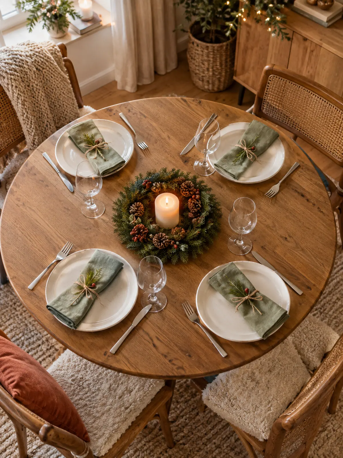 Overhead view of a small round wooden table set for four with a small pinecone wreath and pillar candle in the center