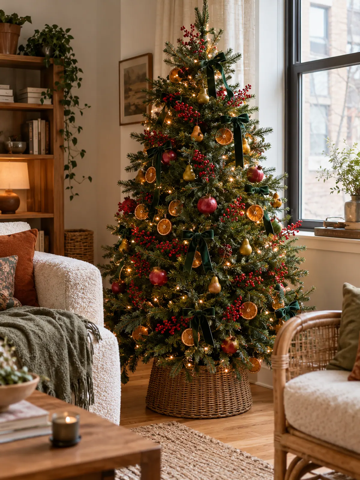 Christmas tree decorated with faux red berry picks, dried orange slices, small faux pears, pomegranate ornaments and dark green ribbon