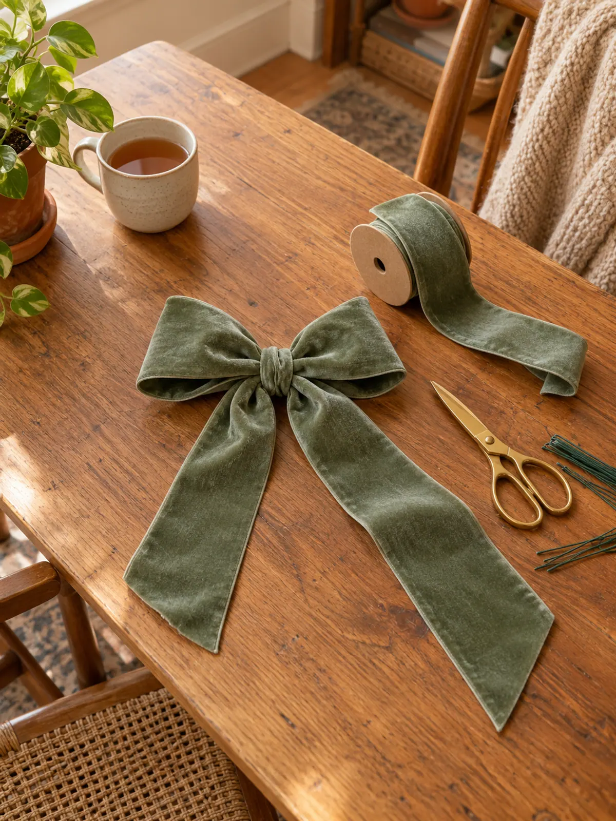 Large handmade sage green velvet bow on a wooden table beside a spool of wired ribbon, scissors and florist wire ties