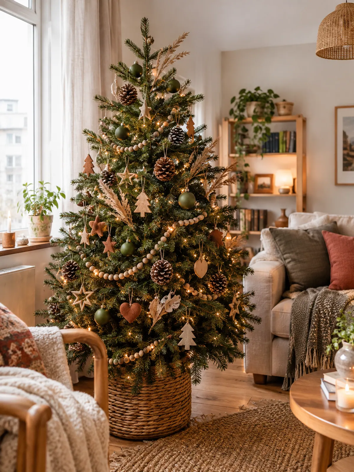 Natural Christmas tree with pinecones, wooden bead garland, brown felt and wood ornaments and matte green baubles in a woven basket