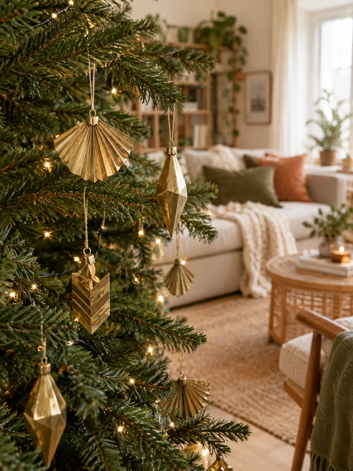 Brass and gold geometric ornaments shaped like fans, chevrons and faceted drops on a green Christmas tree branch