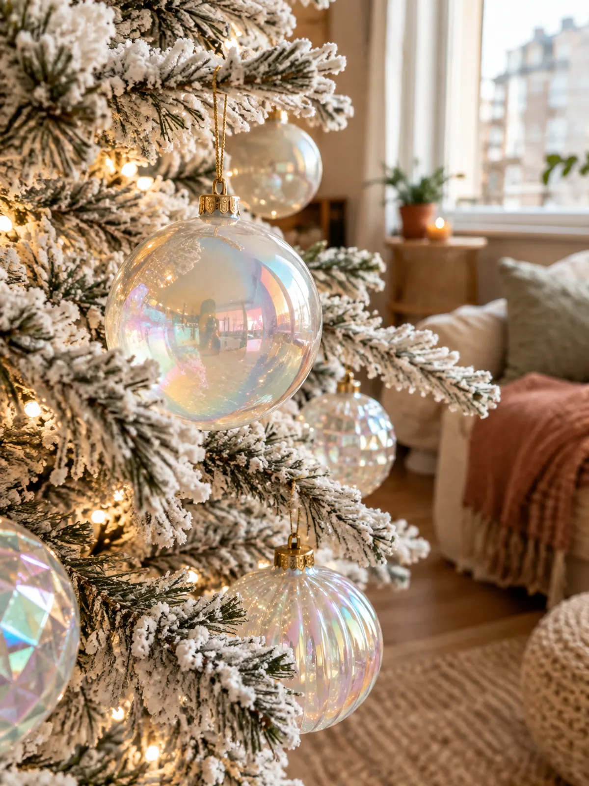 Opalescent and iridescent glass ornaments with a pearly rainbow sheen on a white flocked Christmas tree branch