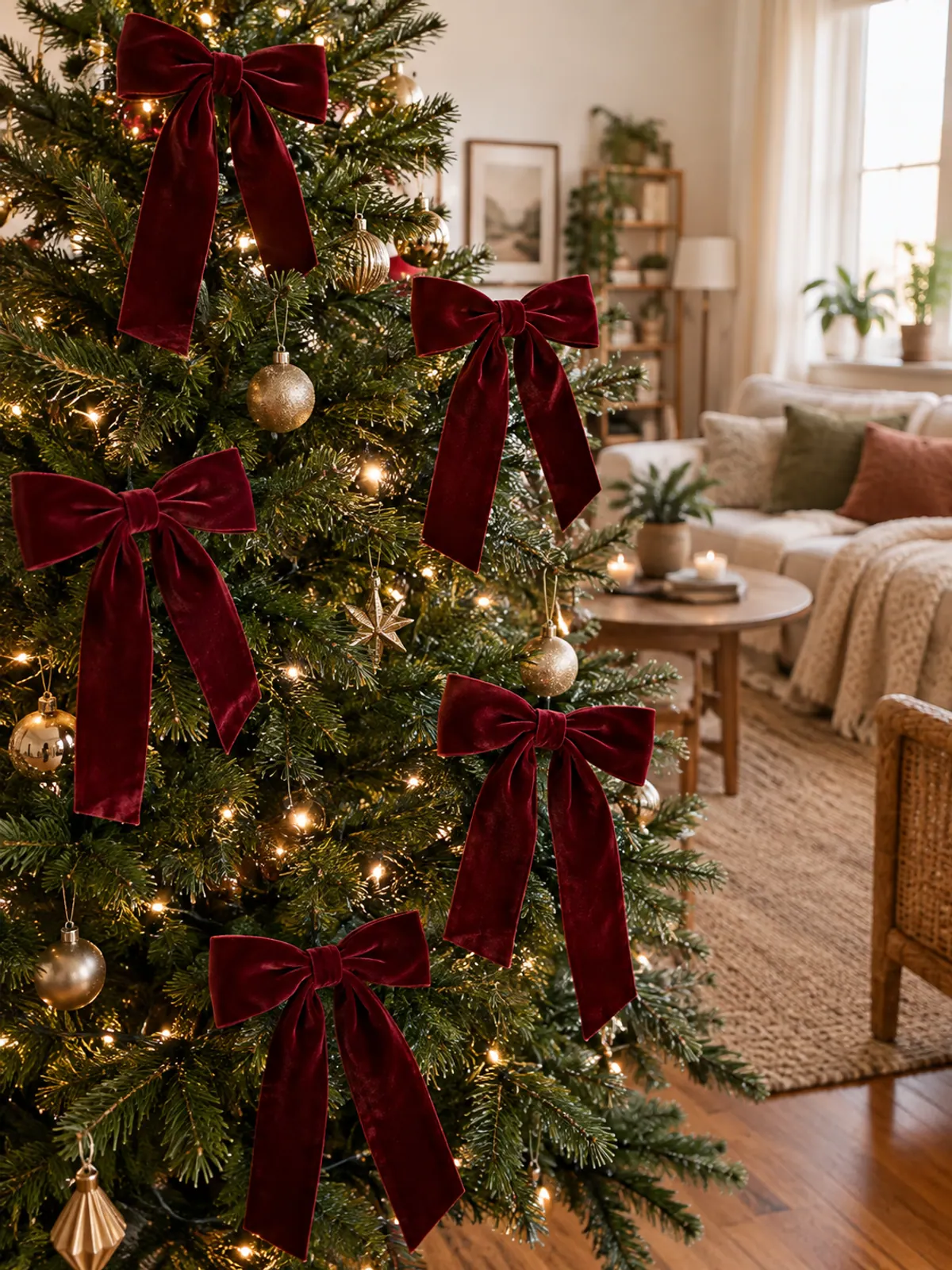 Green Christmas tree with five large burgundy velvet bows with long tails placed throughout the branches and warm white lights