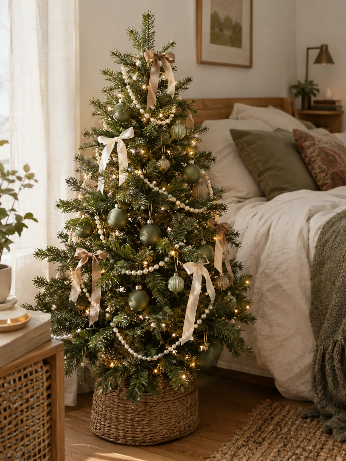 Small Christmas tree with matte sage green ornaments, loose faux pearl bead garland and ivory and champagne ribbons in a bedroom corner