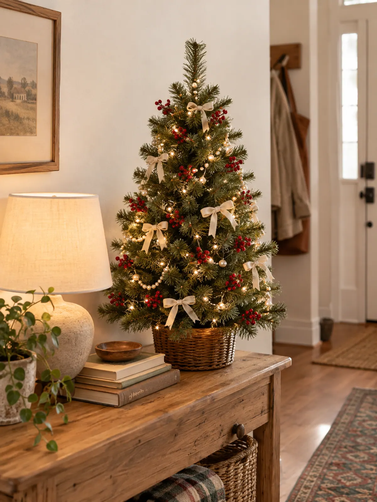 Small tabletop Christmas tree on a pine console with tiny cream bows, red berry picks and pearl beads beside a lamp and books