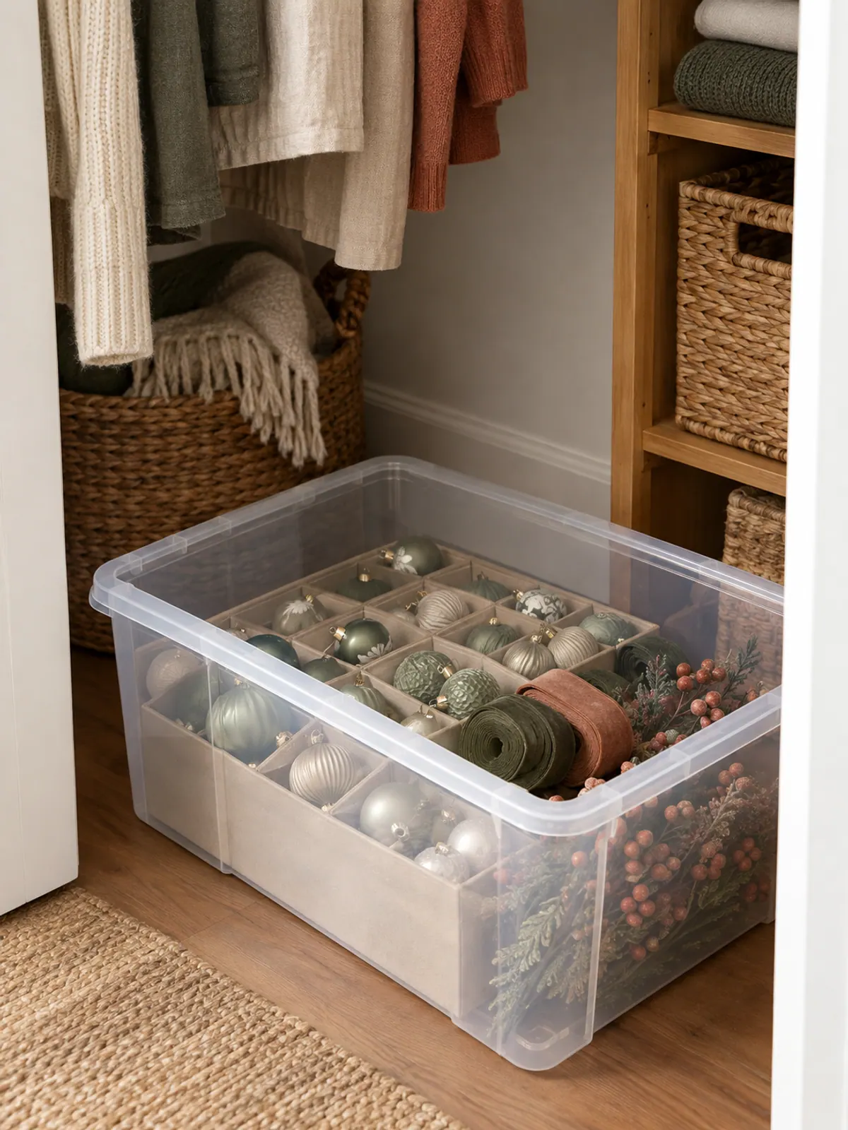 Clear lidded storage bin in a small closet holding sage and pearl ornaments in a divider tray, rolled velvet ribbon and berry picks