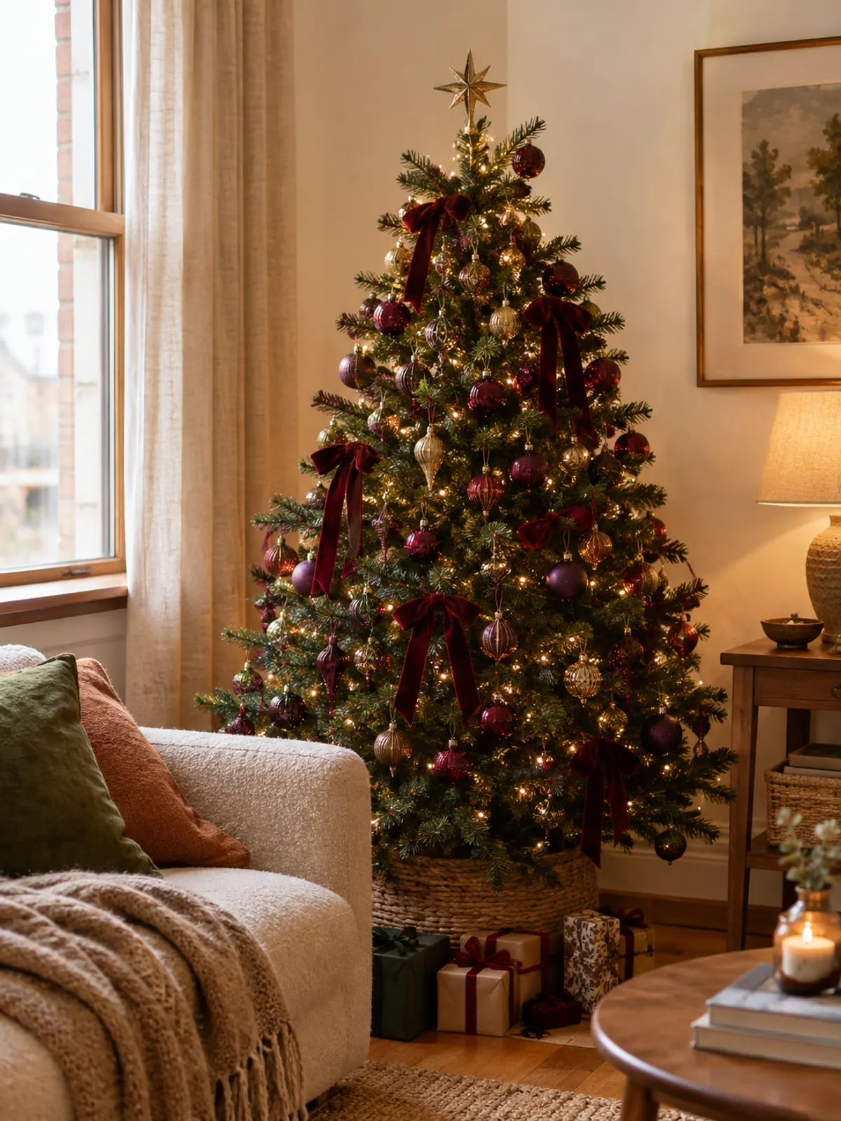 Christmas tree with wine red, mulberry and plum glass ornaments, burgundy velvet ribbon and antique gold accents in a small living room