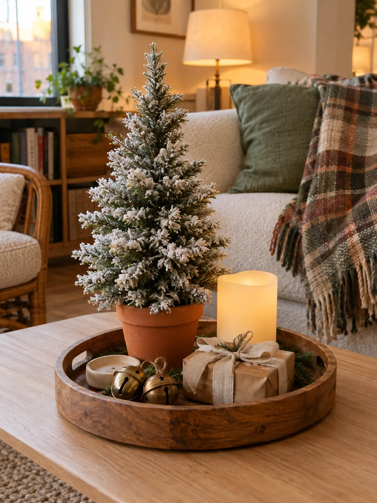 Christmas coffee table decor with a small flocked tree in a terracotta pot, a flameless candle, brass bells and a wrapped gift on a tray