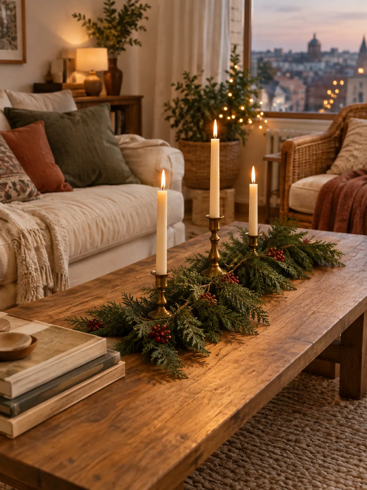 Short faux cedar garland with red berries down the center of a coffee table with three taper candles in brass holders