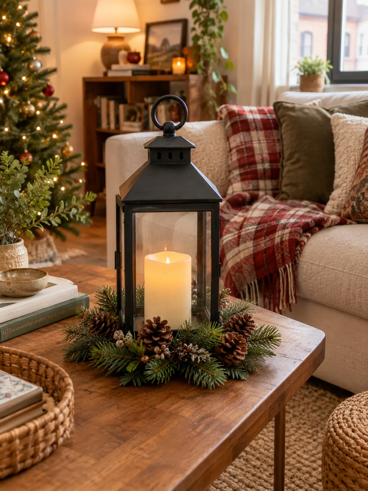 Black metal lantern with a flameless pillar candle and a ring of faux pine and pinecones at its base on a wooden coffee table