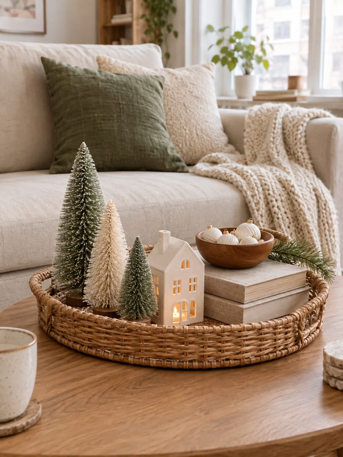 Neutral Christmas coffee table with cream and sage bottle-brush trees, a ceramic house candle holder and a bowl of white ornaments