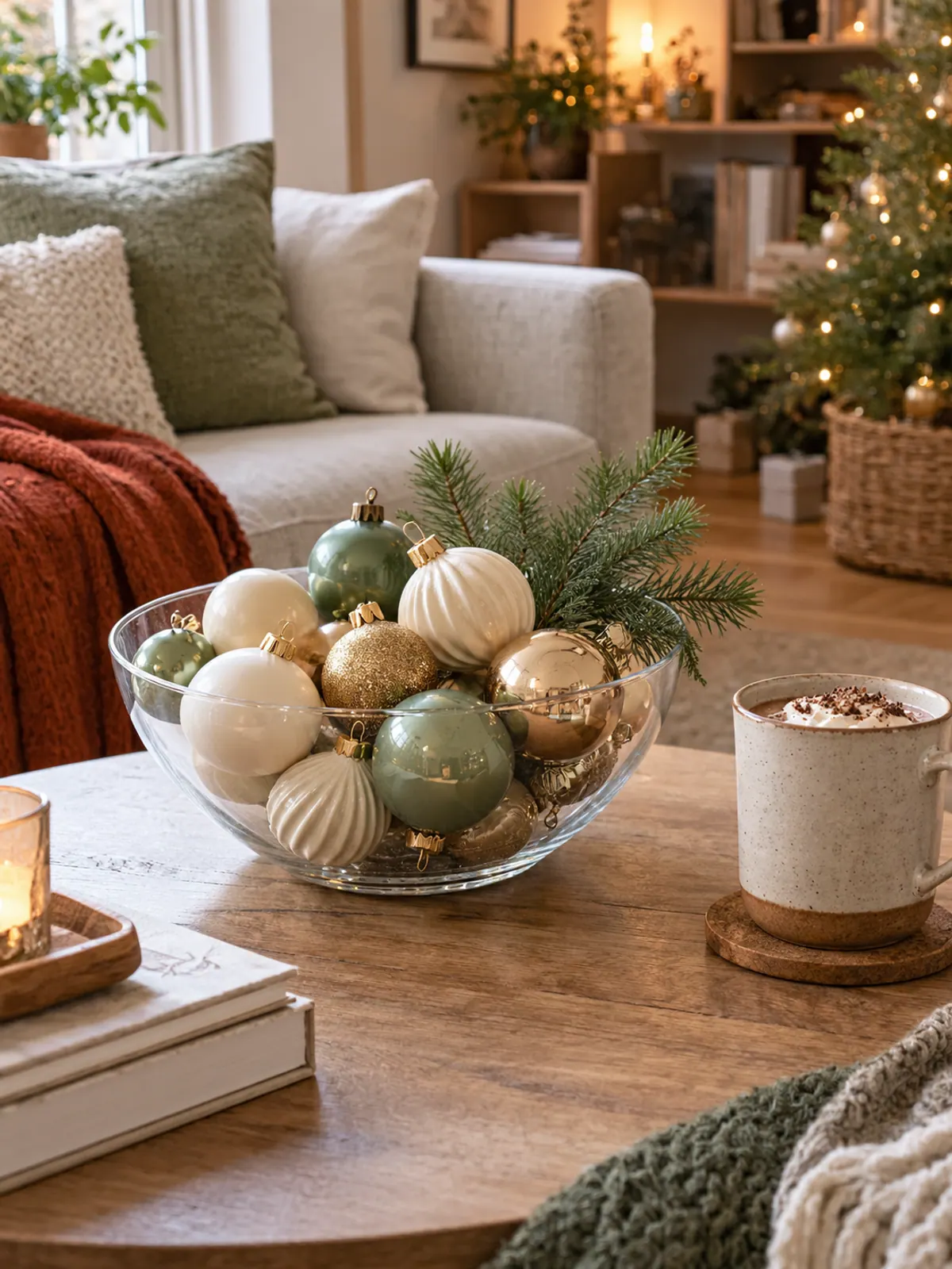 Clear glass bowl of matte and shiny ornaments in cream, sage and brass with a pine sprig on a round coffee table